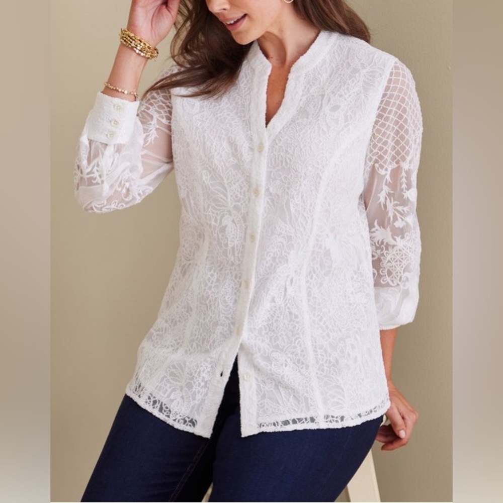 Soft Surroundings Fiori Top‎ ivory Pearl blouse embroidered